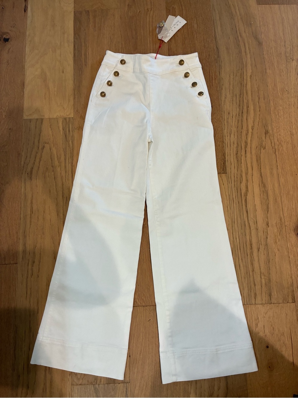 NEW  Alice + Olivia White High-Waist Wide-Leg Sailor Jeans with Gold Buttons